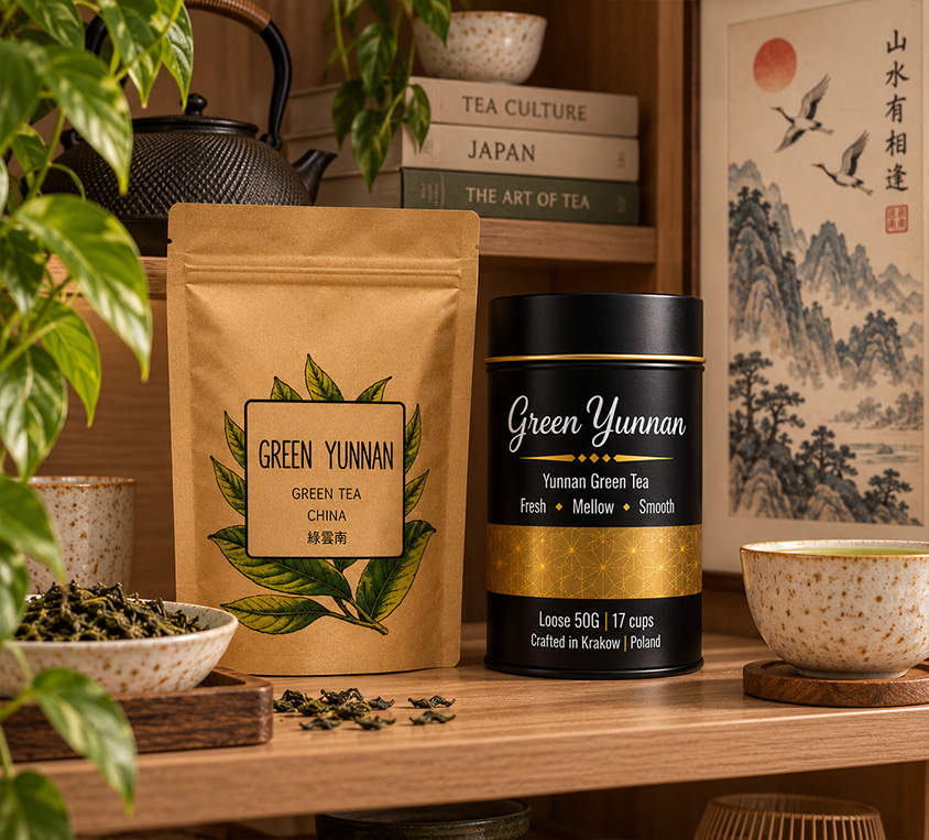 Green Yunnan Leo Tea – warianty zielonej herbaty z Yunnanu w metalowej puszce, doypacku i kubku tekturowym